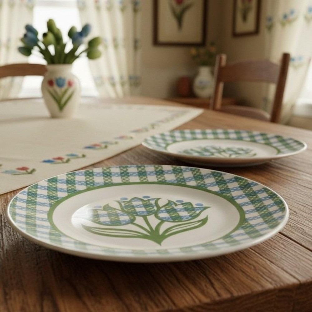 Royal China Cavalier "Gingham Garden" Dinner Plates, Set of 2 Vintage USA Floral